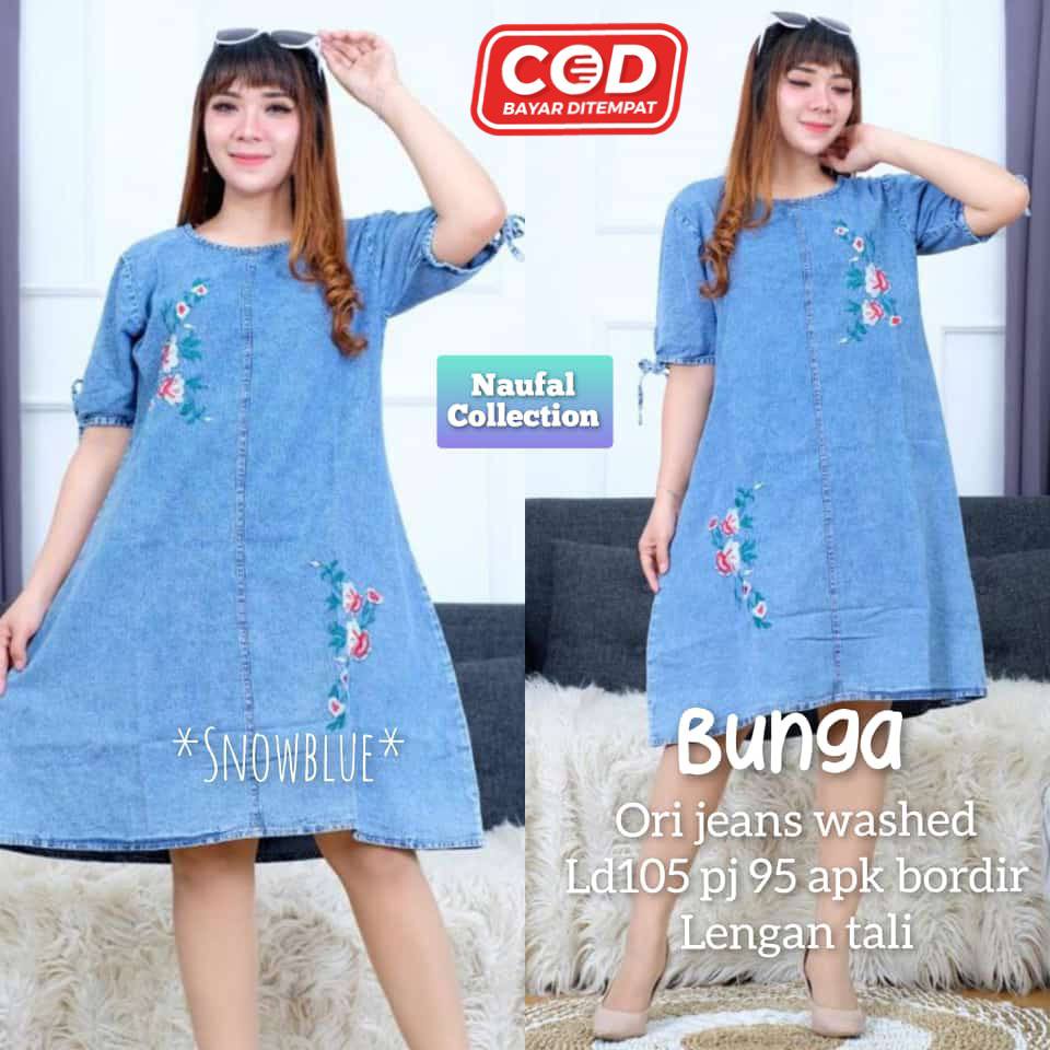 Bunga Dress Jeans Wanita Mini Dress Lepis Lengan Pendek Bordir Bunga Daster Jeans Terbaru