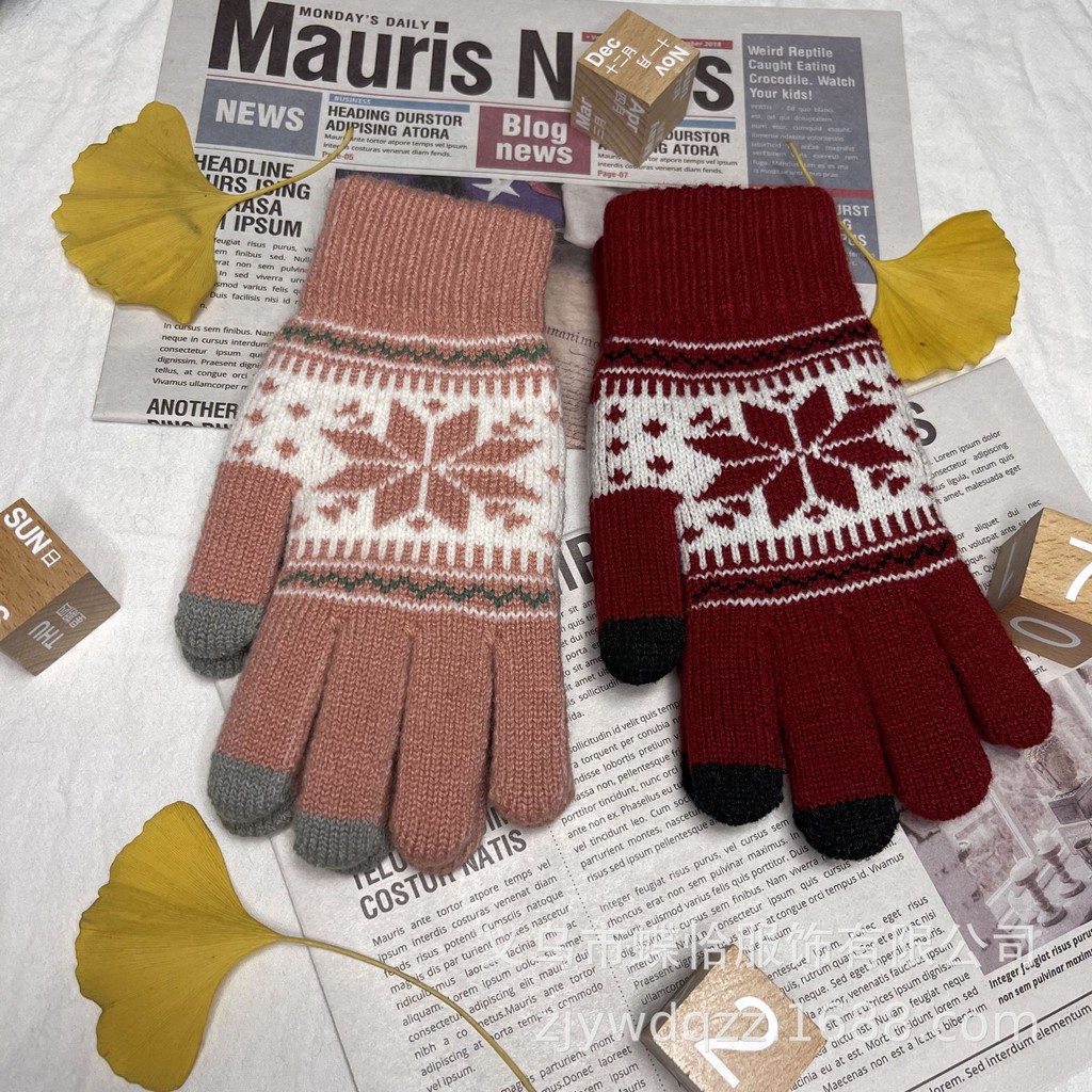 KN-24 sarung tangan touch screen pria wanita jacquard musim dingin winter knit warm gloves velvet