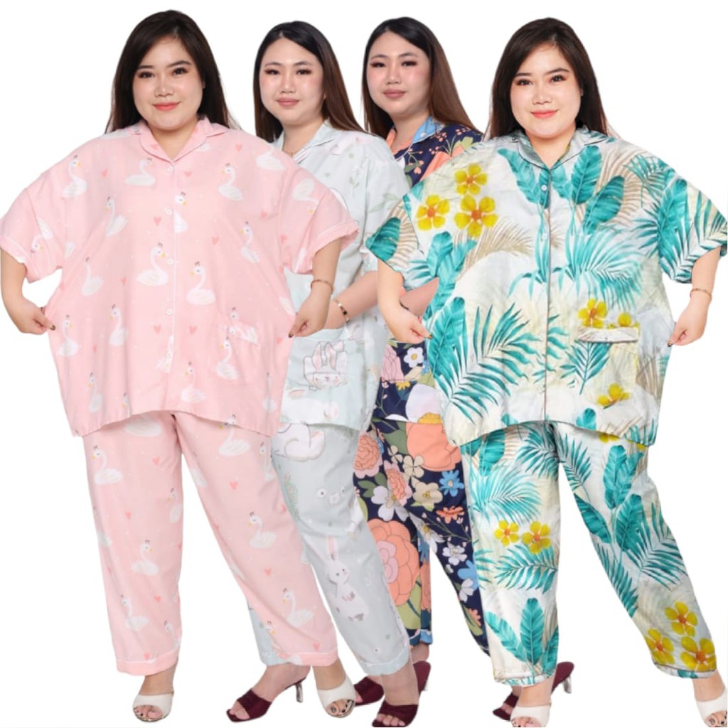 PIYAMA WANITA JUMBO CELANA PANJANG SET BAJU TIDUR KATUN LENGAN PENDEK LD 160 150 140 130 BIG SIZE