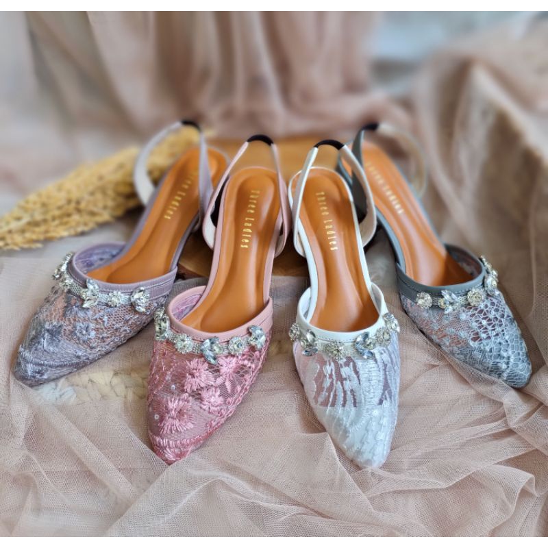 Luna | Sendal wanita | wedding shoes brokat payet |Tali karet |brand Threeladies