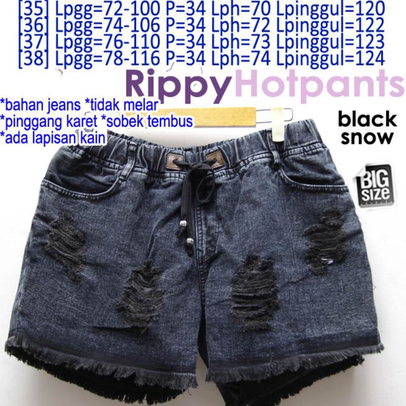 SALE Rippy Hp (BLACK SNOW) CELANA PENDEK JEANS WANITA SOBEK TIDAK TEMBUS JUMBO BIGSIZE 35 36 37 38