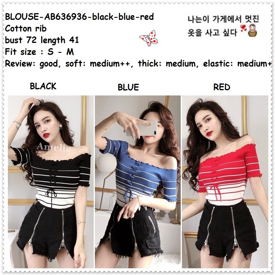 Baju Atasan Rajut Wanita Sabrina Blouse Korea Import AB636936 Merah