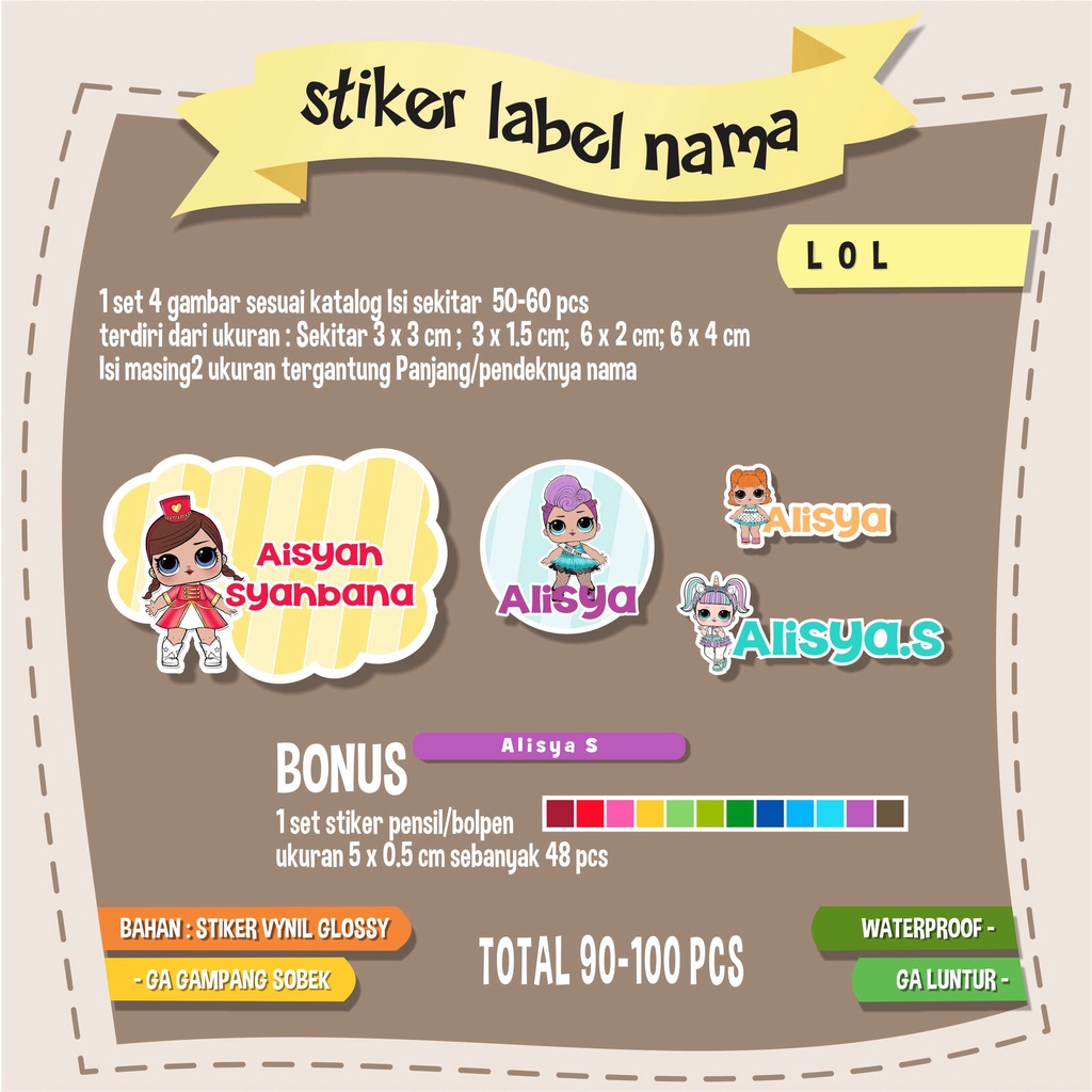 

Stiker label nama waterproof LOL isi 90-100pcs
