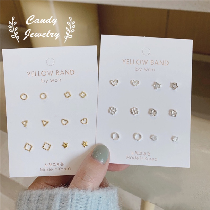 Candy Jewelry 6 Pair Stud Earring Sets Gold Silver Plated Fashion Simple Geometric Round Square Star Heart Earrings for Women