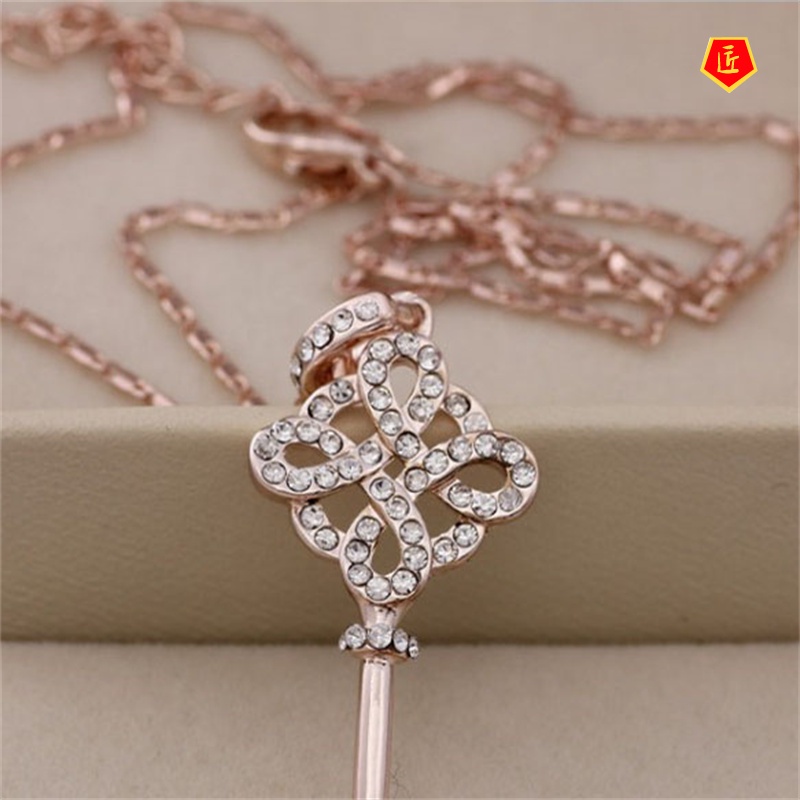 [Ready Stock]Korean Style Rose Gold Key-Shaped Necklace Full Diamond Pendant Simple Fashion