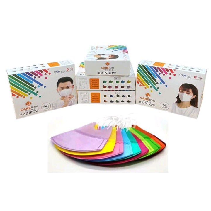 CAREION Masker Duckbill Rainbow Warna Warni 3 Ply isi 50Pcs Dewasa Duck Bill
