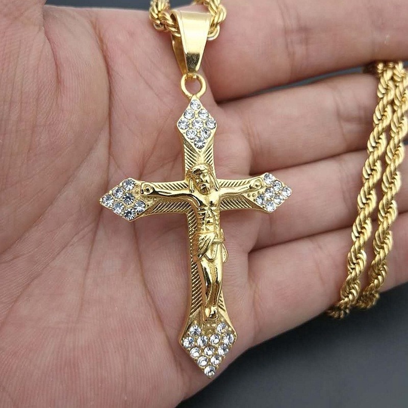 Kalung Liontin Salib Yesus Bahan Stainless Steel 18K Zircon Gaya Vintage Hip Hop Untuk Pria