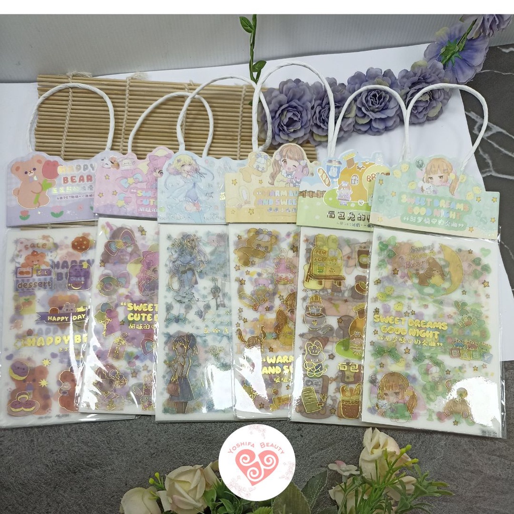 Sticker Tote Bag Lucu  Big 3 Sticker + Free 1 Kartu Pos | DIY Bahan PET Untuk Deco Scrapbook Diary Sticker Glitter Emas Lucu