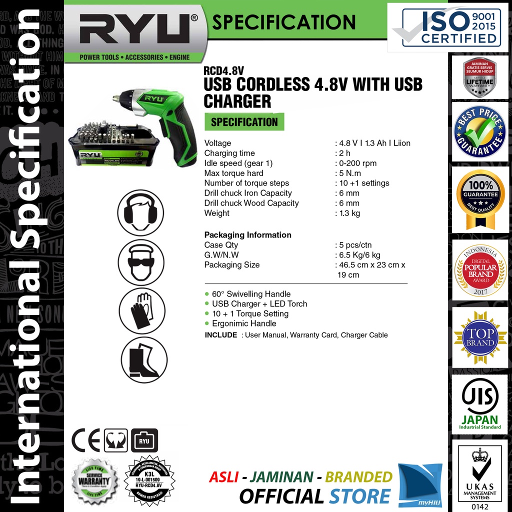 Mesin Bor Baterai 4,8 Volt + Accessories - Cordless With USB Charger RYU