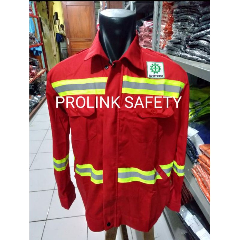 SERAGAM SAFETY MERAH HSE RESLETING SCOTLIGHT 5CM HIJAU FREE LOGO K3 BENDERA ATASAN KAIN DRILL