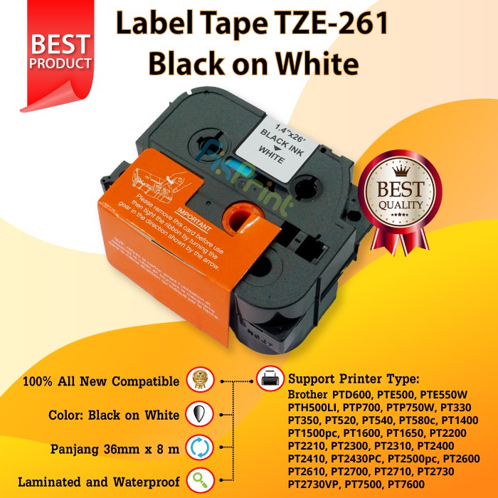 Brother Label Tape TZE-261 tze261 36MM Black On White PTD600 PTE500