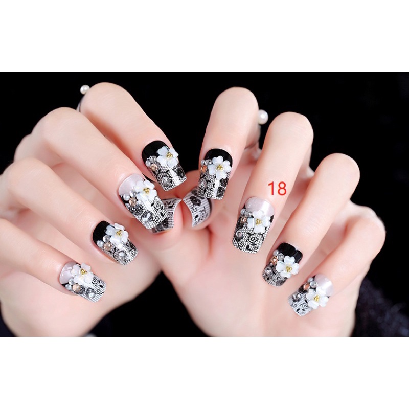 24PCS BLACK WEDDING FAKE NAILS KUKU PALSU PERNIKAHAN HITAM PUTIH TILE KUKU PALSU RHINESTONE