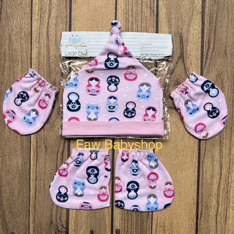 Topi bayi + Sarung Tangan+Kaki Bayi LITTLE OWL / Perlengkapan Bayi Newborn