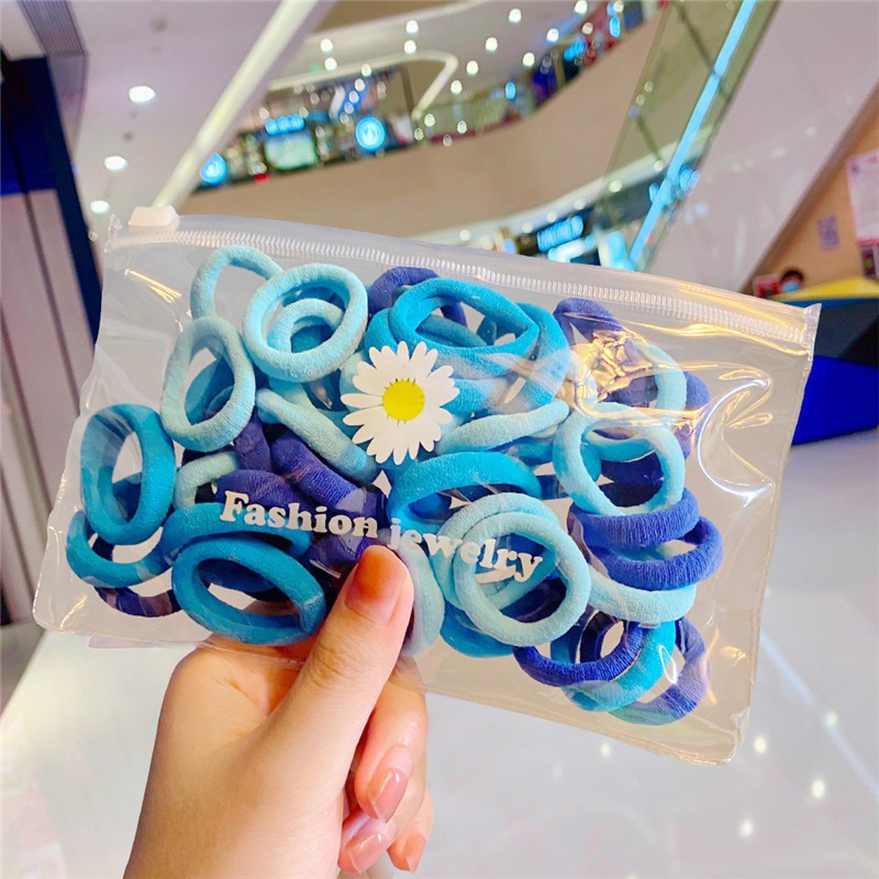 OVERFLOWS.ID 50 Pcs Tali Rambut Donut Dengan Pouch Bunga Daisy Import Ikat Rambut Set Import-50PCS-Mix Biru