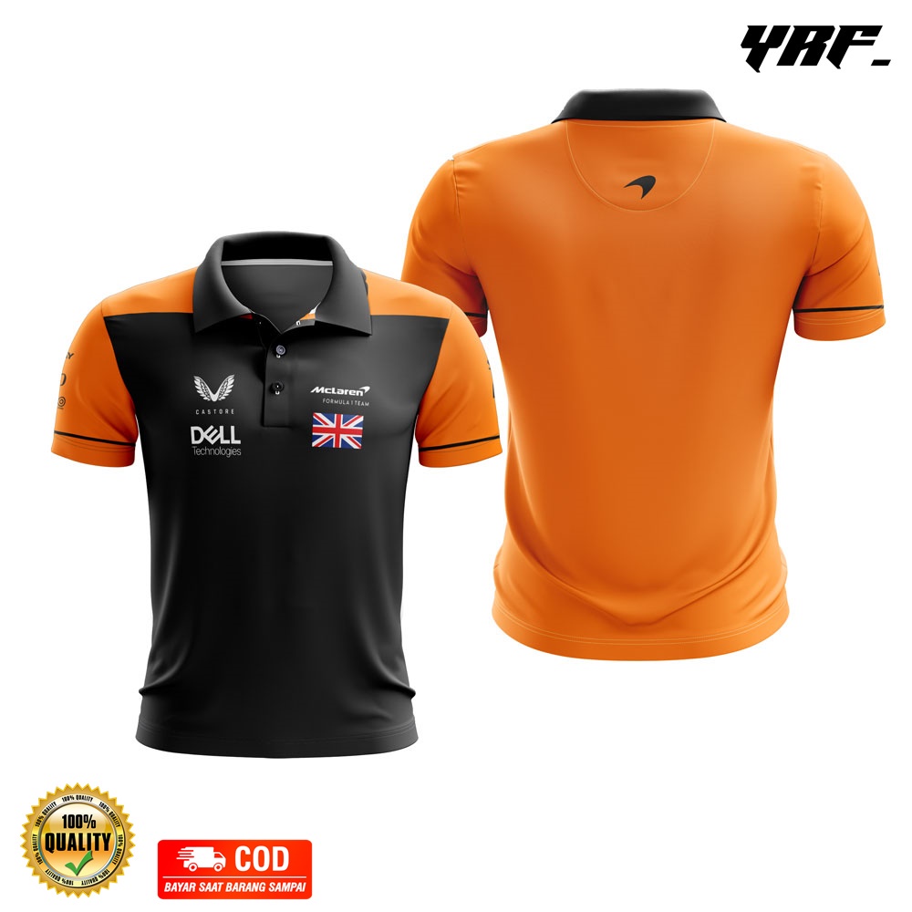 Kaos Baju Jersey F1 Formula One Team McLaren 2022 Kerah Polo Hitam Orange Full Print