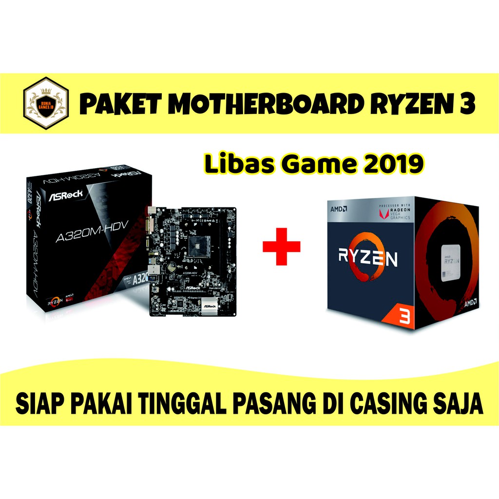 PAKET Motherboard Ryzen 3 Murah -  A320M hdv R4 + Ryzen 3 2200 G + RAM 2x4 GB 2666 Mhz IGPU Vega 8