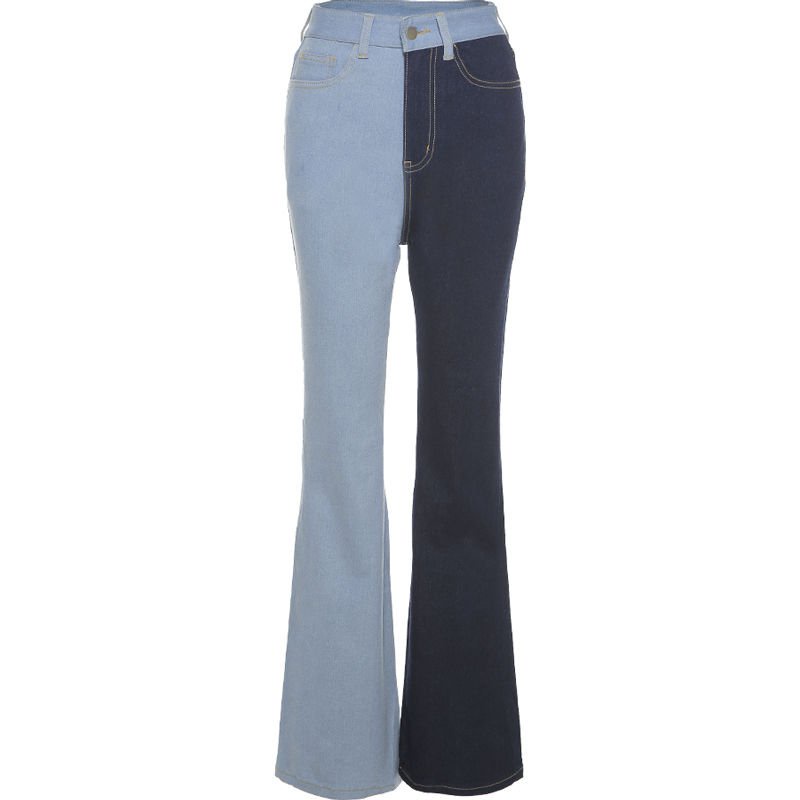 #Sisjuly# Celana Jeans Pinggang Tinggi Wanita Sablon Kontras Retro Tipis Wanita Celana Kaki Lebar Ti