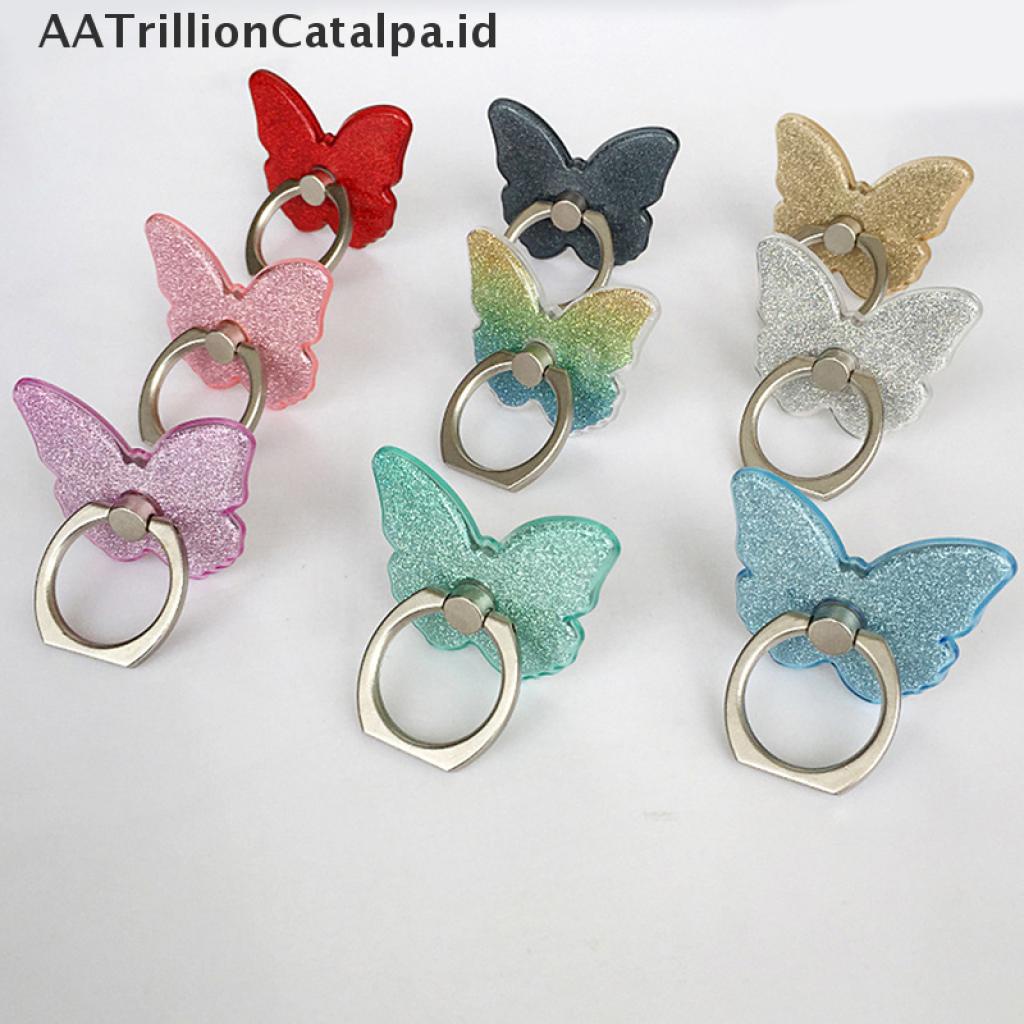 (AATrillionCatalpa) Ring Stand holder Hp Universal Bentuk Kupu-Kupu Aksen Glitter Bisa Berputar 360 °