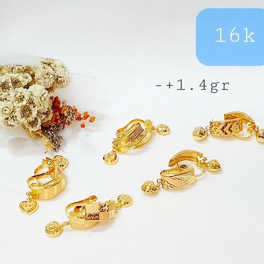 Anting jepit anak dan dewasa emas asli kadar 700 70 16k giwang kerabu cetek ukir kilat gantung love branded LVV terbaru ringan 1 satu gram gr g