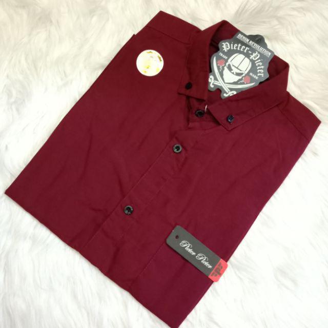 KEMEJA PRIA BOYI TOP MAN LENGAN PANJANG PENDEK KASUAL FORMAL KERJA KANTOR POLOS PUTIH HITAM WHITE-Kemeja pendek Maroon