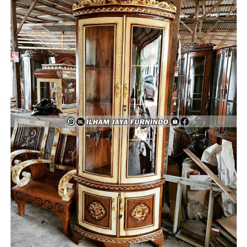 Almari pojok hias kerang jati jumbo natural marmer - IJF024