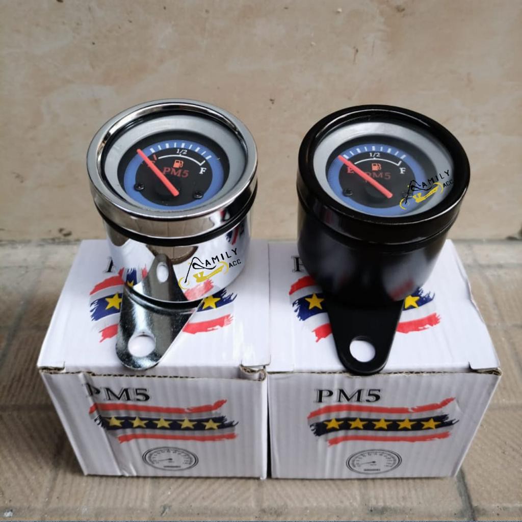 Speedometer bulat amper bensin jarum motor universal black dan chrome