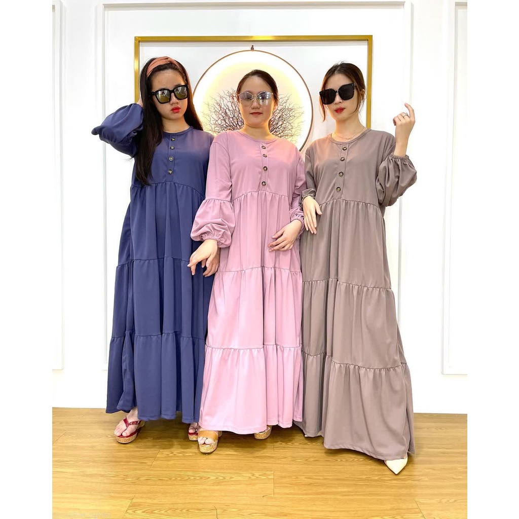 Gamis model kancing rempel 3 susun lengan balon bahan voxy premium merk cocobee (743)