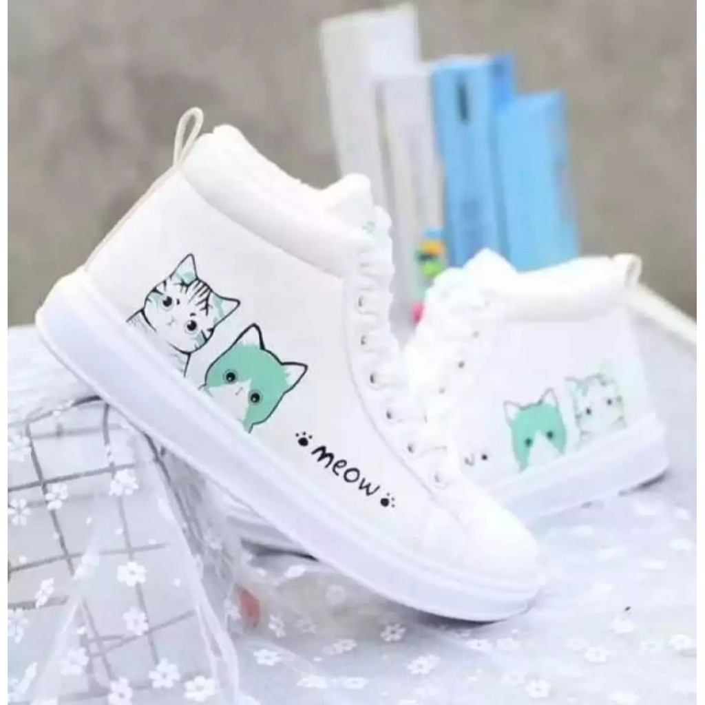 Sepatu Anak Lucu Boot Motif Meow Putih Hijau Murah Trendi