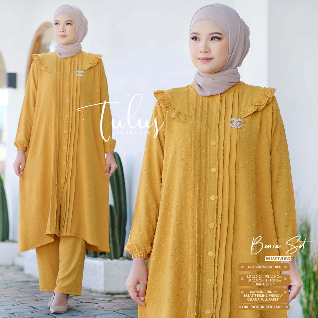 Benia One Set by Tulus Signature Setelan Celana Jumbo Long Tunik Wanita Motif Polos Bahan Crinkle Ai
