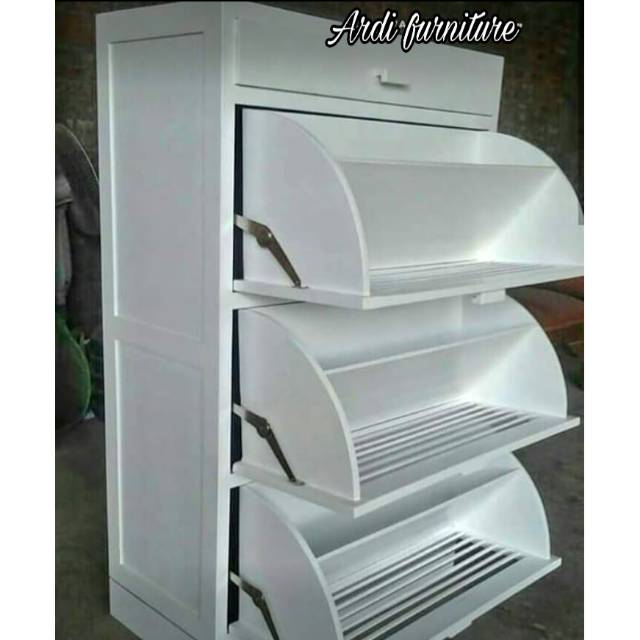 Lemari sepatu rak kayu jati tempat sepatu putih duco furniture jepara