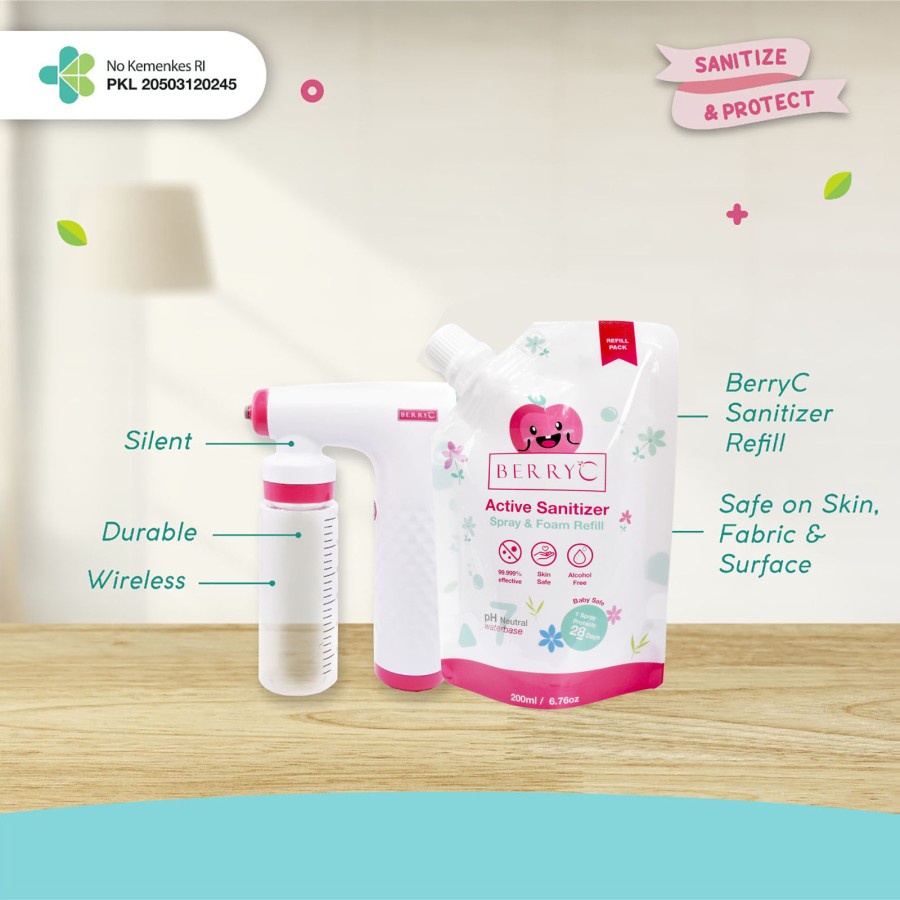 BerryC Nano Spray Machine Wireless Mini Sanitizer Gun LOW NOISE + Active Sanitizer Refill Pouch 200ML