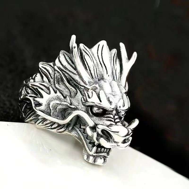 Cincin Desain Naga Cina Power Bahan Stainless Steel Warna Silver Untuk Pria