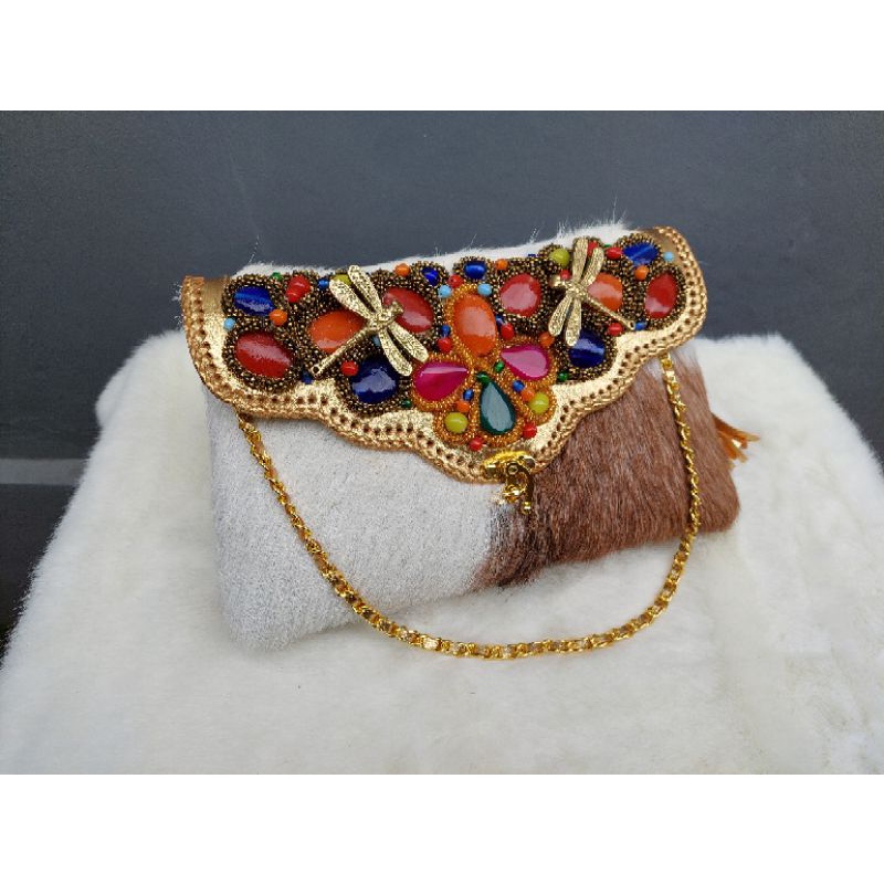 clutch pesta bulu kambing asli size M (30x18cm) warna coklat putih / Tas Pesta Bulu / Dompet Pesta B