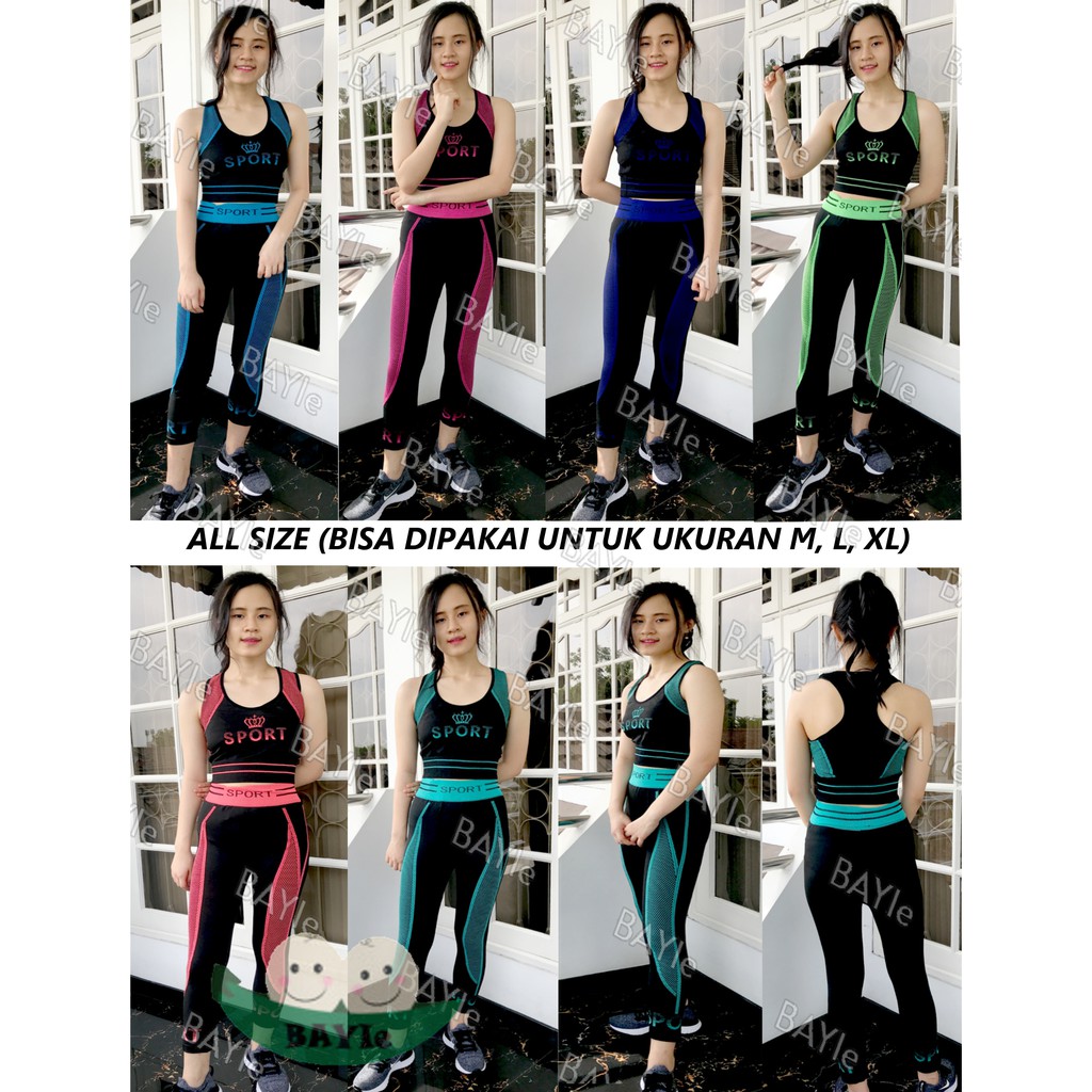 BAYIe -3718 Set Baju Singlet+Celana Legging 7/8 Senam/Sport/Zumba/Aerobic/Yoya/Gym Wanita FEMA