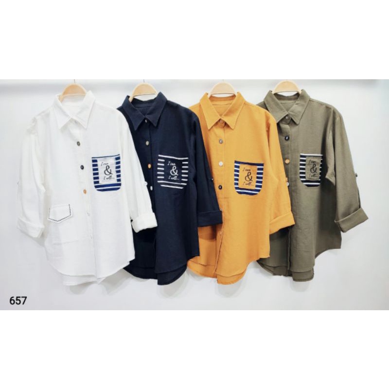 Atasan Kemeja Katun Linen ImportNew Polos kantong Depan FellA#657