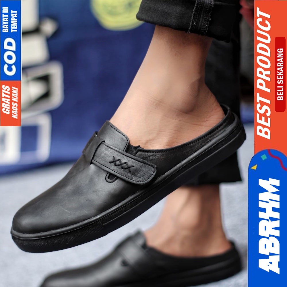 ABRHM JLOP Sepatu Sandal Casual Sneakers Kulit Bustong Tutong Pria Hitam