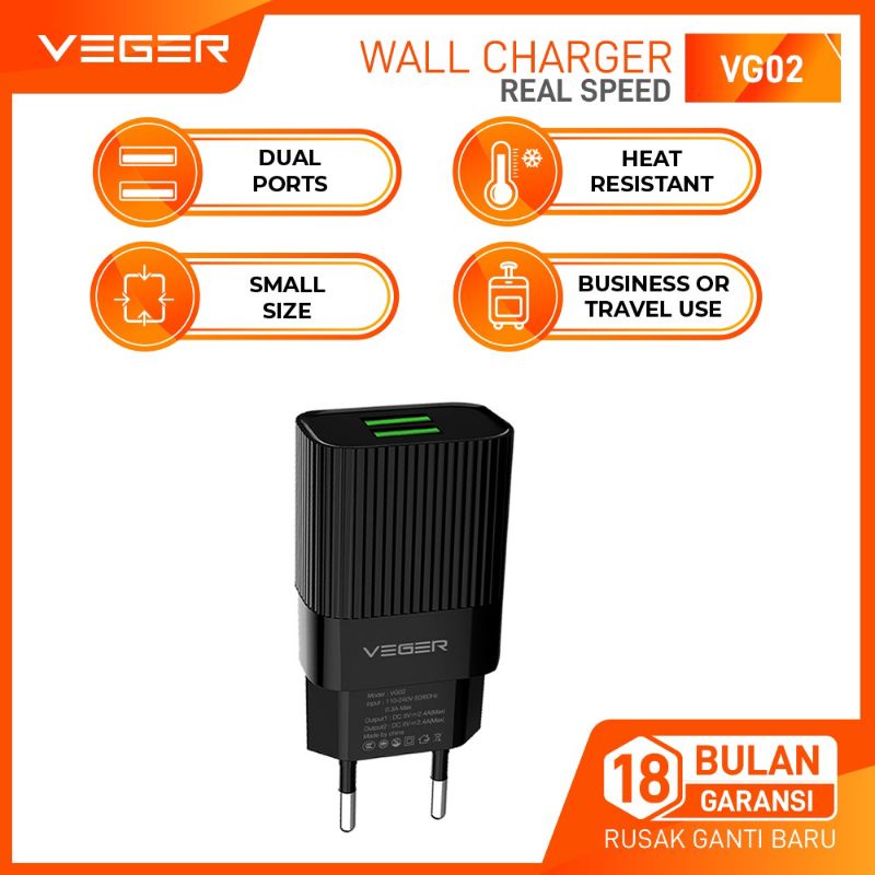 VEGER Wall Charger VG02 2 Ports USB Output 2.4A