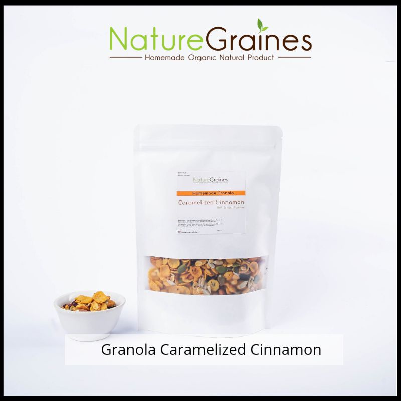 

Granola Caramelized Cinnamon 100 gr 200 gr Corn Flakes, Rolled Oats Almond, Kismis, Cranberry