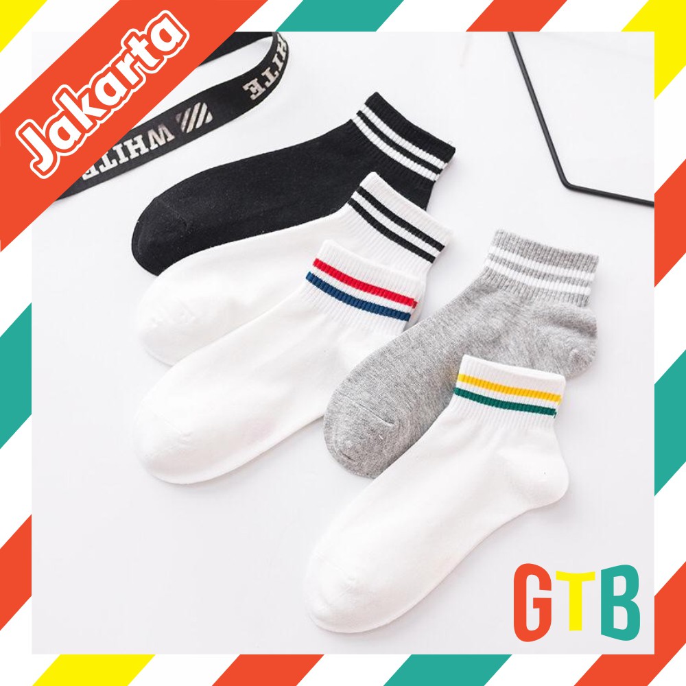 ❤️GTB❤️ R140 Kaos Kaki Korea Style Casual Sport Motif Garis Bahan Katun Warna Polos Medium Sock