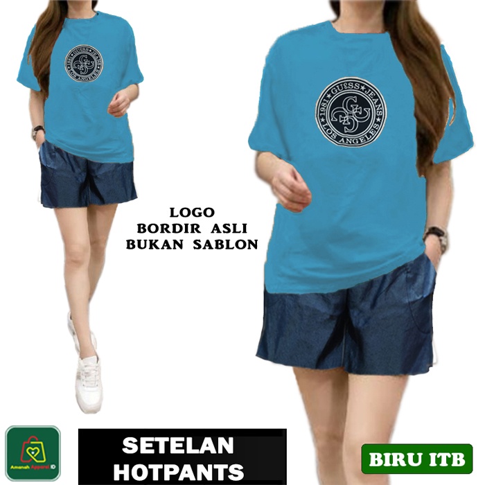 Setelan Hotpants LEV1S Bordir Kaos Santai Hot Pants Wanita Bahan Babyterry Premium Size XL / 19749