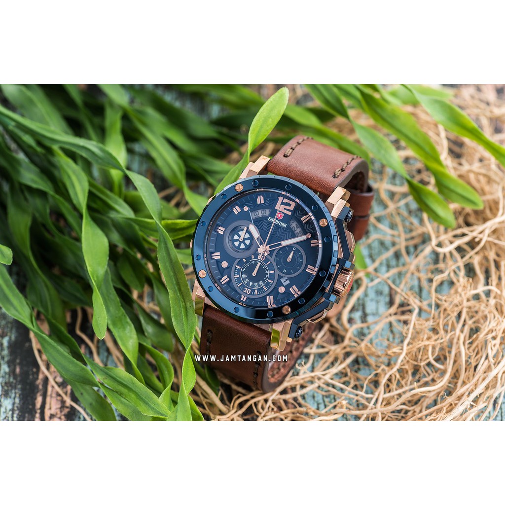 Expedition E 6402 MC LURBU Chronograph Men Blue Dial Brown Leather Strap