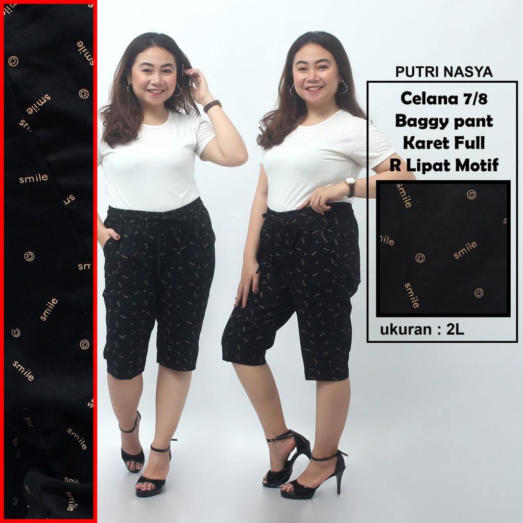 Celana 7/8 jumbo karet full motif / baggy pant jumbo / celana pendek 8L-6L-5L-4L-2L-XL-S fit to L