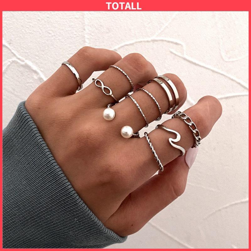 COD 10 Buah Set Wanita Kreatif Sederhana Manik-manik Ganda Cincin Gabungan Geometri Gelombang Mutiara-Totall