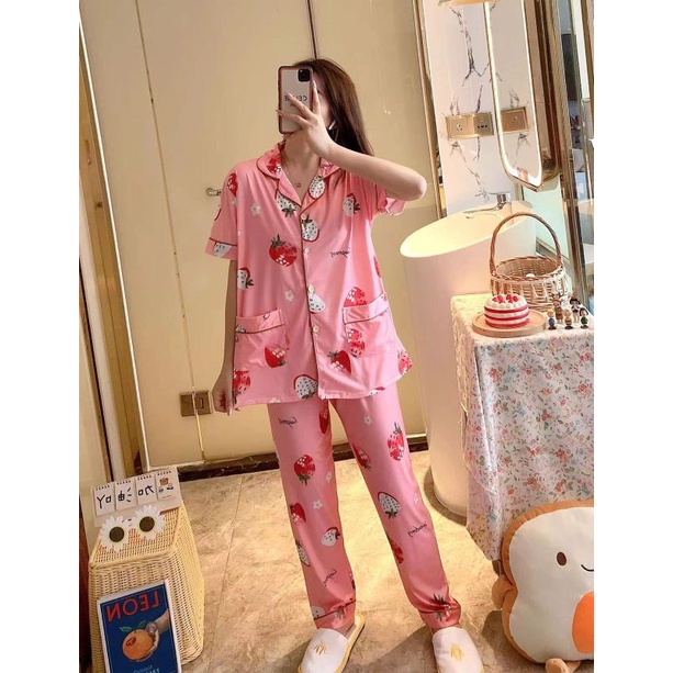 Piyama cp kancing jumbo import/baju tidur cp wanita import murah C08T