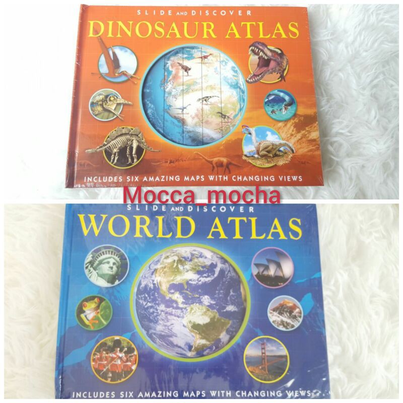 Buku anak segel bbw Slide and discover world atlas / dinosaur atlas
