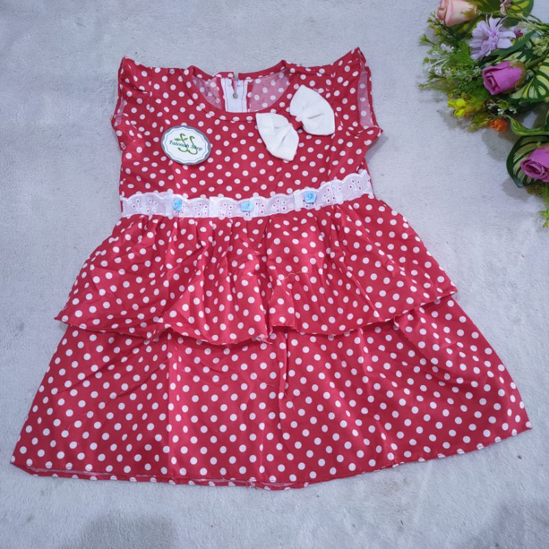 Dress anak 2-3 Tahun perempuan motif polka pita murah tumpuk harian santai katun fatonah shop trypol ( Dress Trypoll)