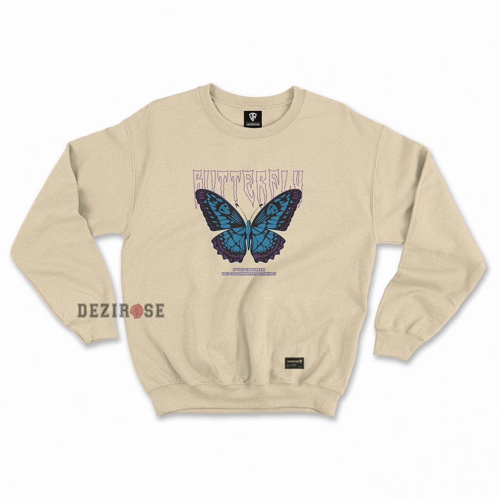 DEZIROSE Sweater Crewneck Butterfly Blue (Sablon) Size M-XXL ( Pria &amp; Wanita )