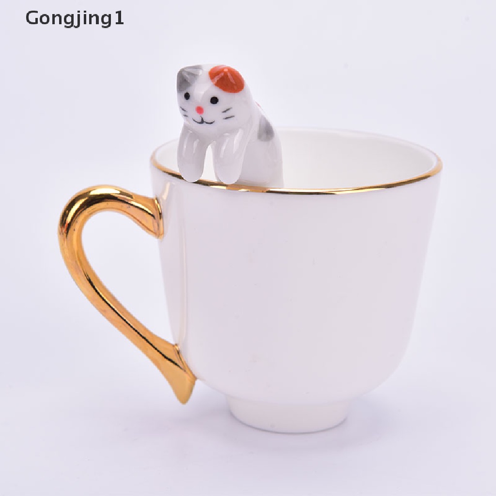 Gongjing1 1pc Sendok Teh / Kopi / Dessert Bahan Keramik Desain Kucing Kartun