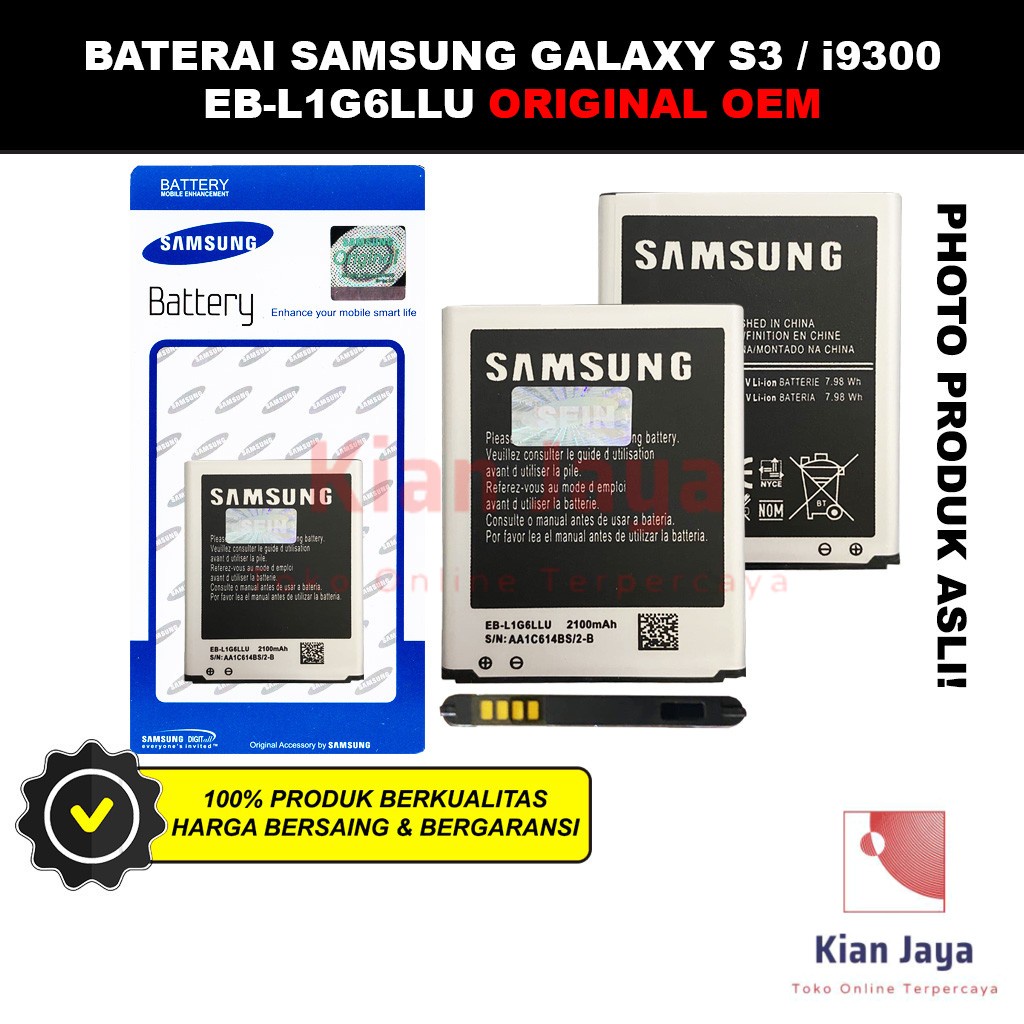 Baterai Samsung Galaxy S3 i9300 Original OEM Batrai Batre Battery Hp EB-L1G6LLU Ori