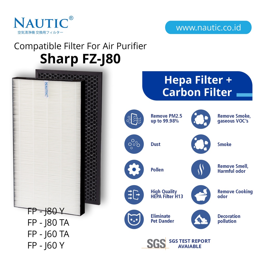 NAUTIC - Hepa + Deo untuk sharp FP-J80Y / FP-J60Y / PFIL-A511KKEZ / PFIL-A510KKEZ